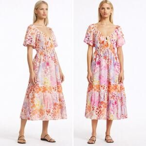 Derek Lam 10 Crosby Laine Floral Linen Puff Sleeve Maxi Dress Size 6 NWT